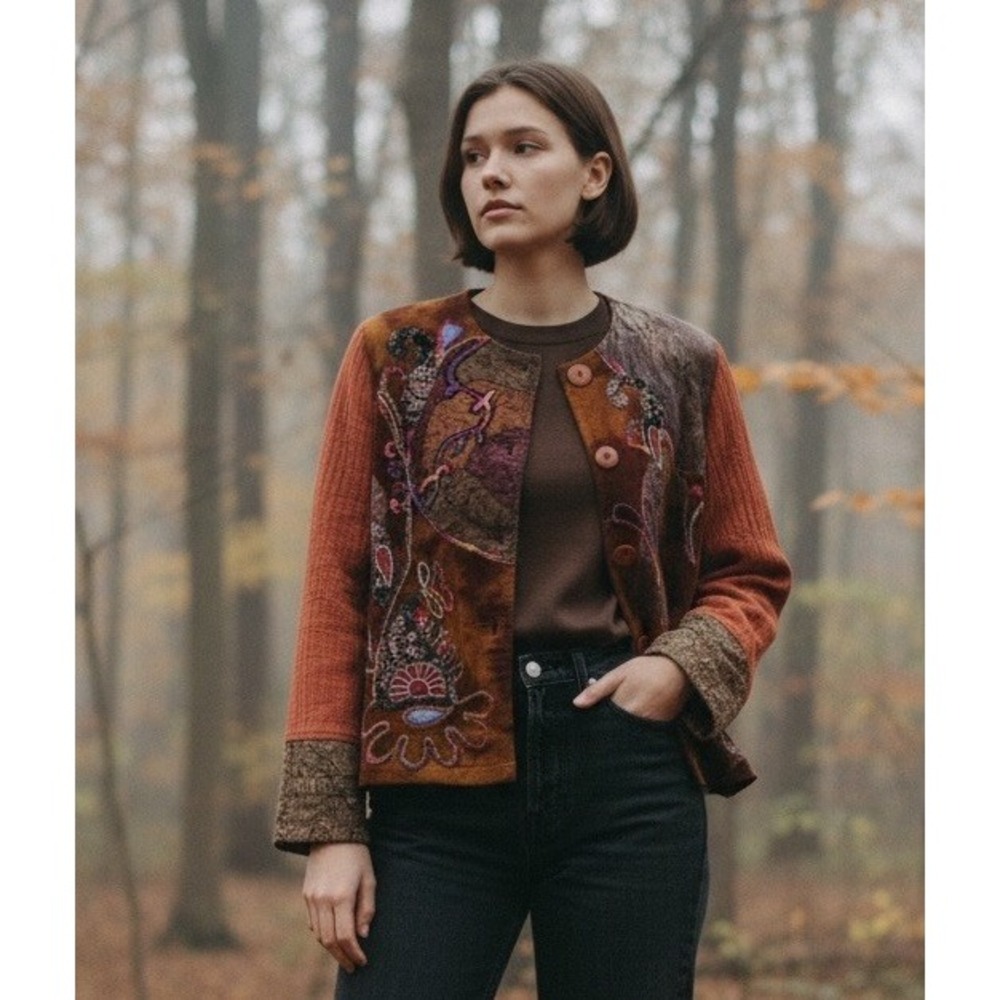 Y2K Mixed Media Velvet Tapestry Jacket Embroidered Sz S Boho Artsy Earthy Moody